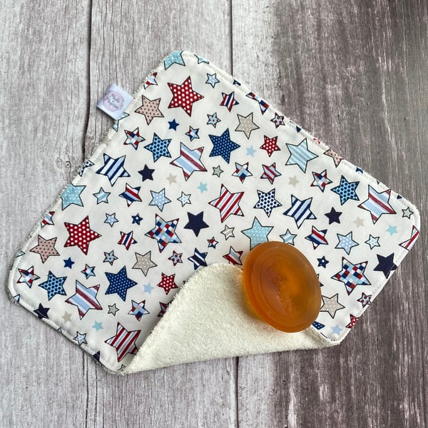 Organic Bamboo Cotton Wash Face Cloth Flannel Blue Red White Multi Stars