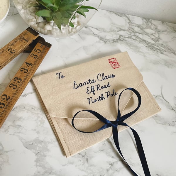 Letter to Father Christmas Santa embroidered fabric envelope Xmas gift list  