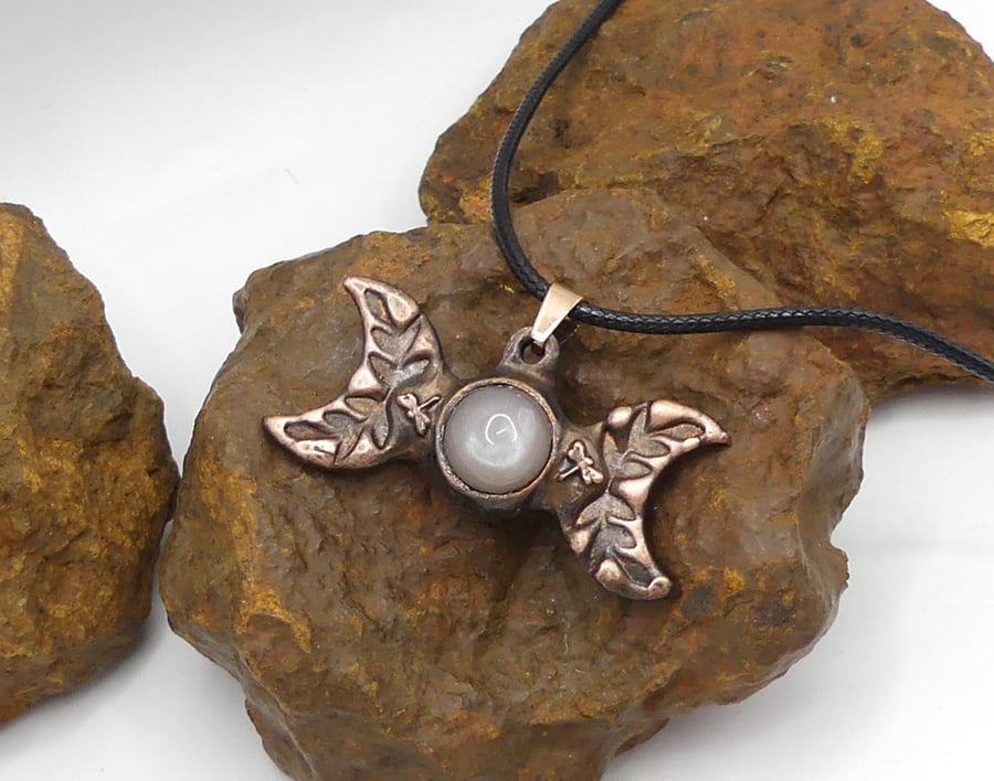 Copper Triple Moon with Peach Moonstone Gemstone, Dragonflies Pendant Necklace.