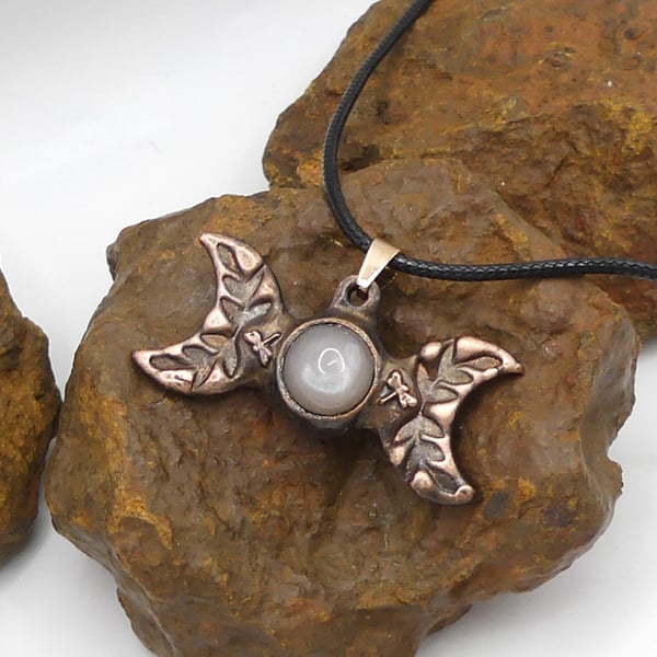 Copper Triple Moon with Peach Moonstone Gemstone, Dragonflies Pendant Necklace.