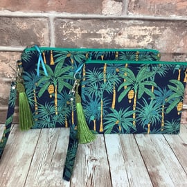 Banana palm zip clutch bag, Detachable wrist strap, 2 size options, Handmade