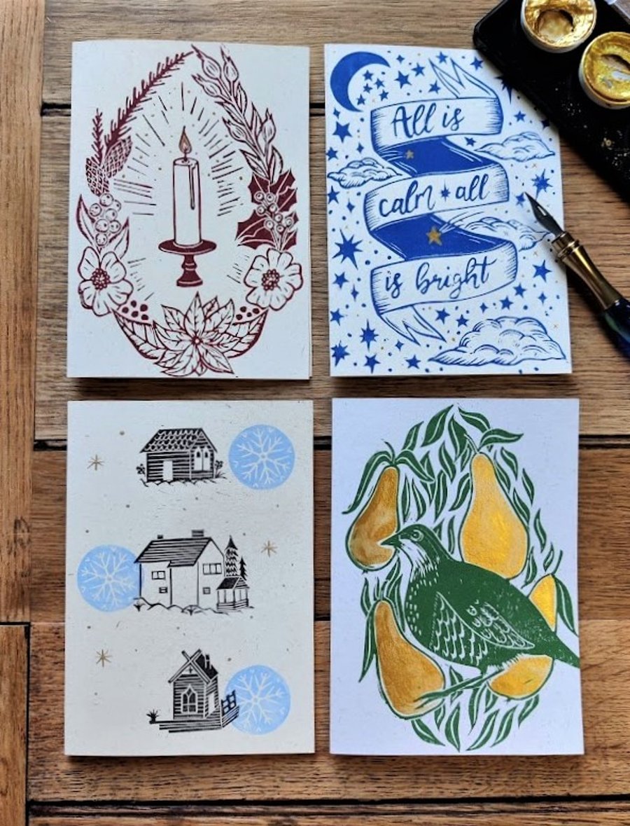 Lino Print Christmas Cards Pack of 4