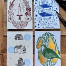 Lino Print Christmas Cards Pack of 4
