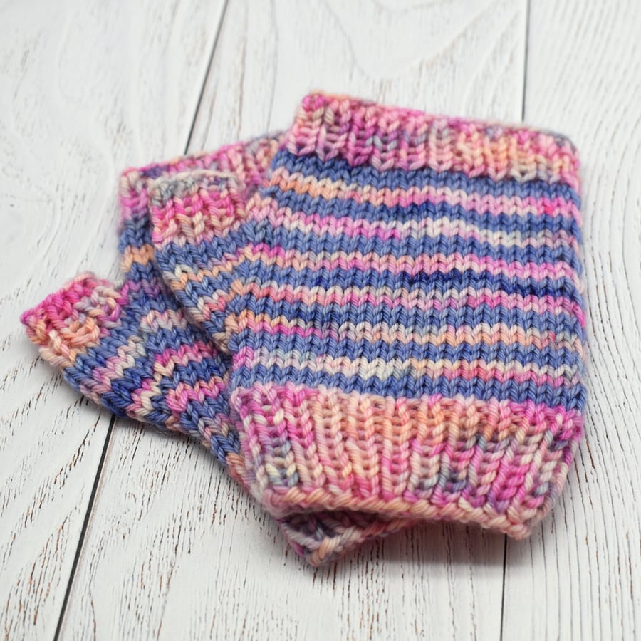 Hand Knitted Fingerless mittens - Pink and Purple - Extra Small