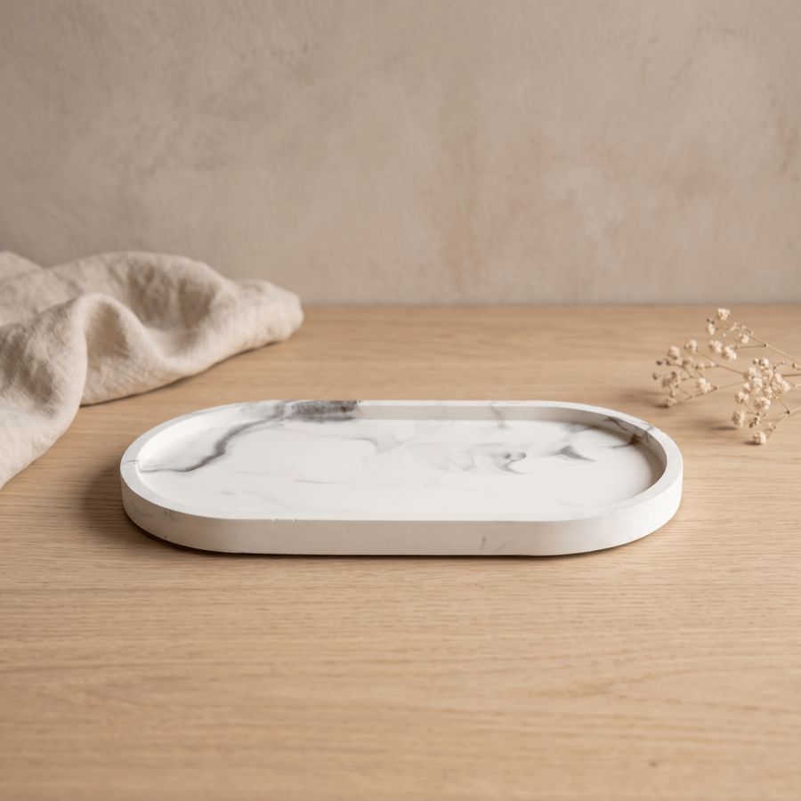 Large White and Grey Marbled Oval Decorative Tray for Jewellery and Home Decor