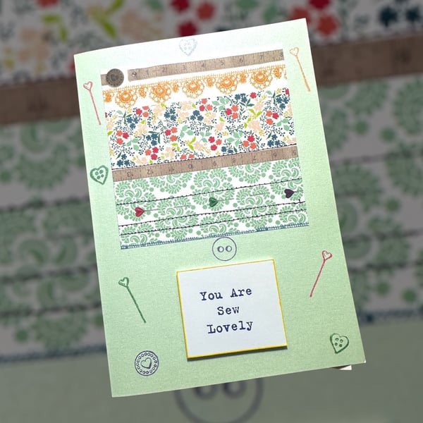 Pastel pearlescent card, you are so lovely, blank inside, sewing theme