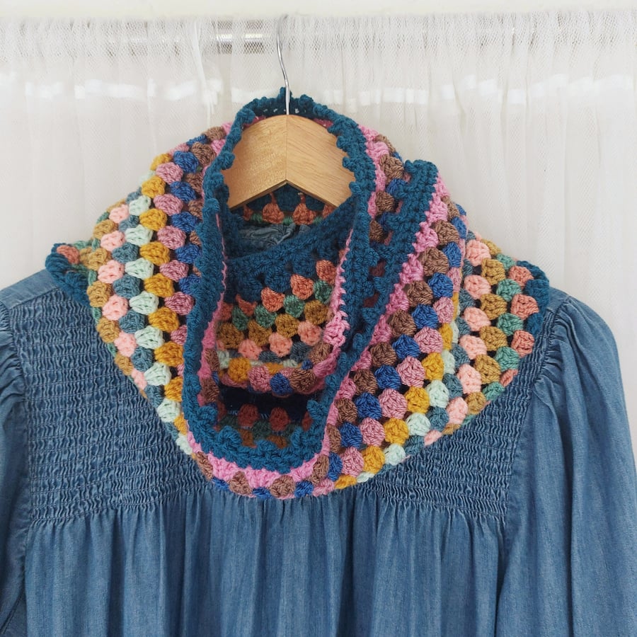  Crochet Infinity Scarf Deep Teal Trim 'Happy Scrappy'