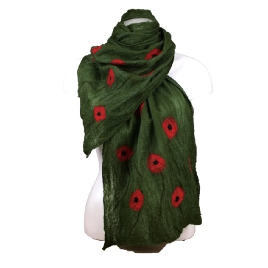 Long nuno felted scarf, green with poppy design
