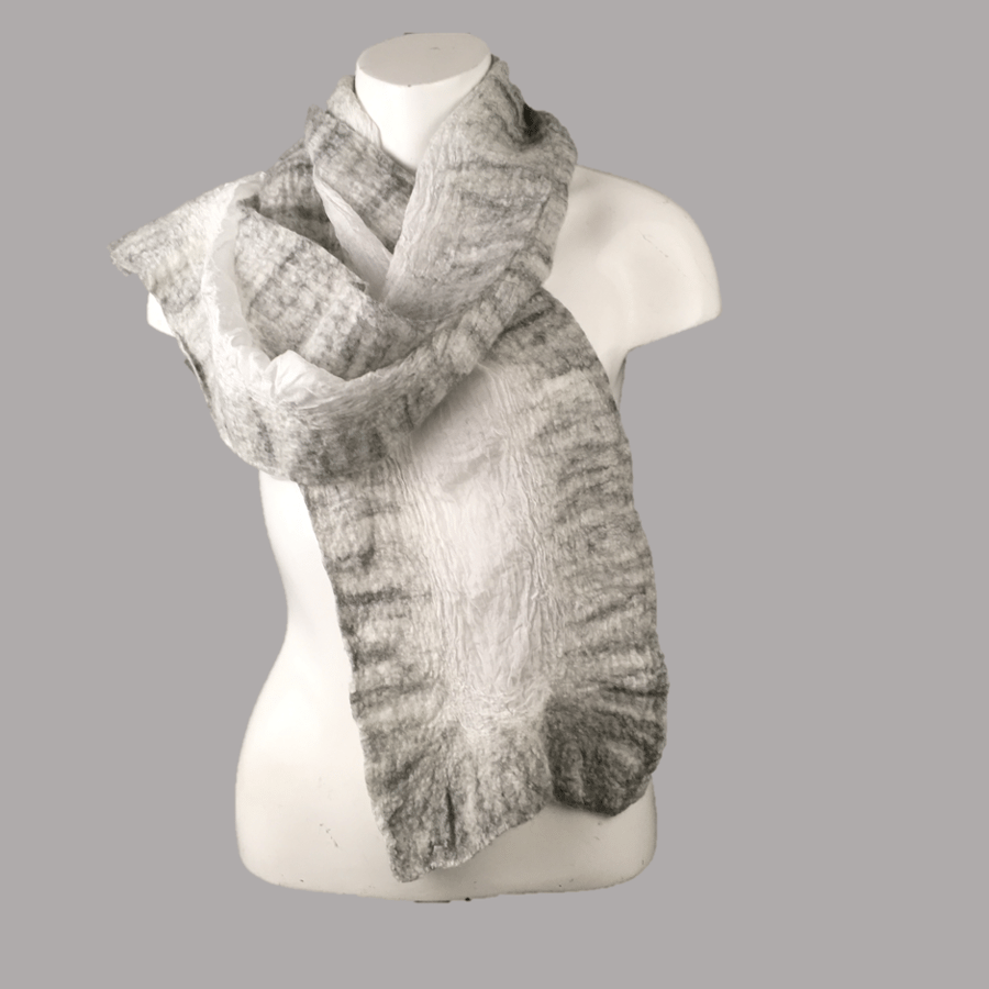 White silk  scarf with nuno felted border in shades of grey merino wool - SALE