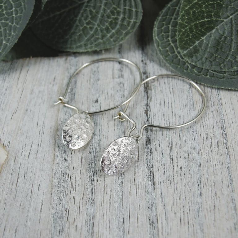 Earrings, Sterling Silver Hoop Style Ear Wires with Sparkly Oval Charm