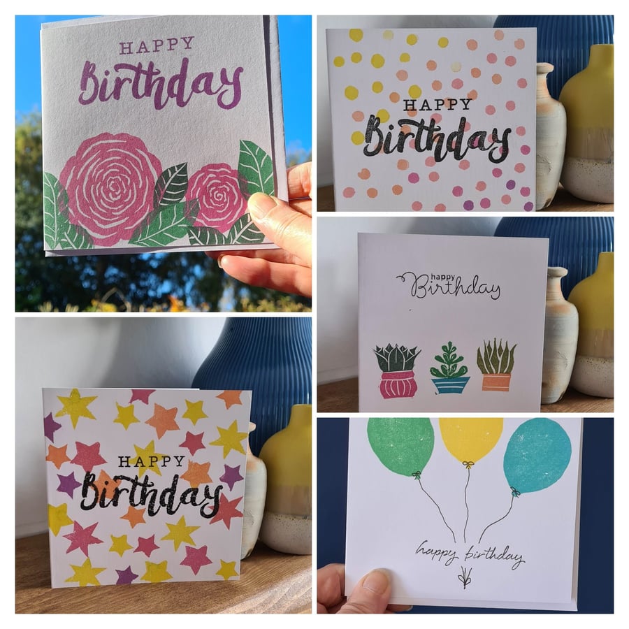 Five birthday cards set handprinted (pack a)
