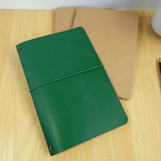 Leather Travel Journal Set in Green & Red. Notebook Cover. Gifts for Writers. 
