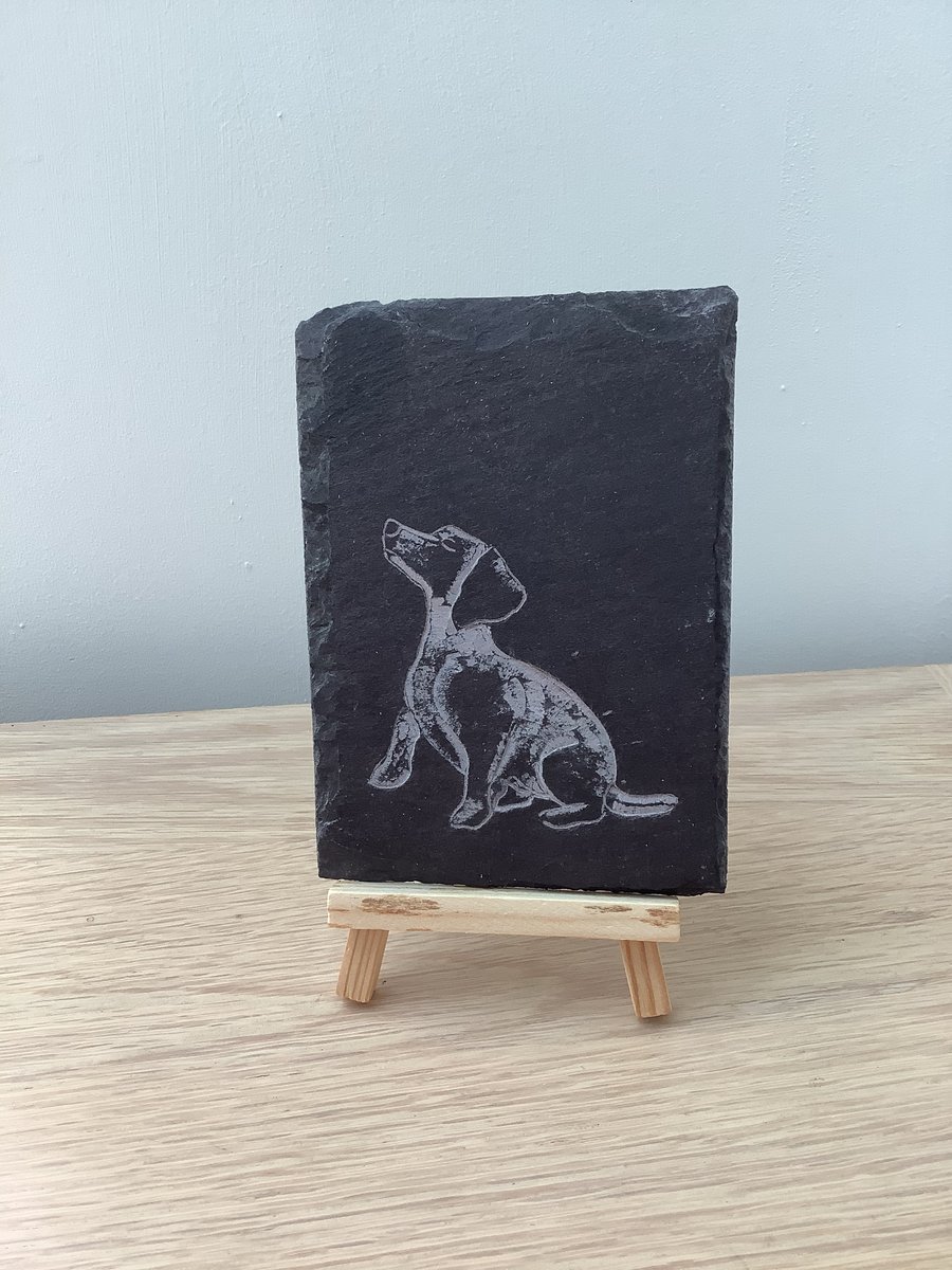 Cute Dachshund (Sausage Dog) - original art picture hand carved on slate