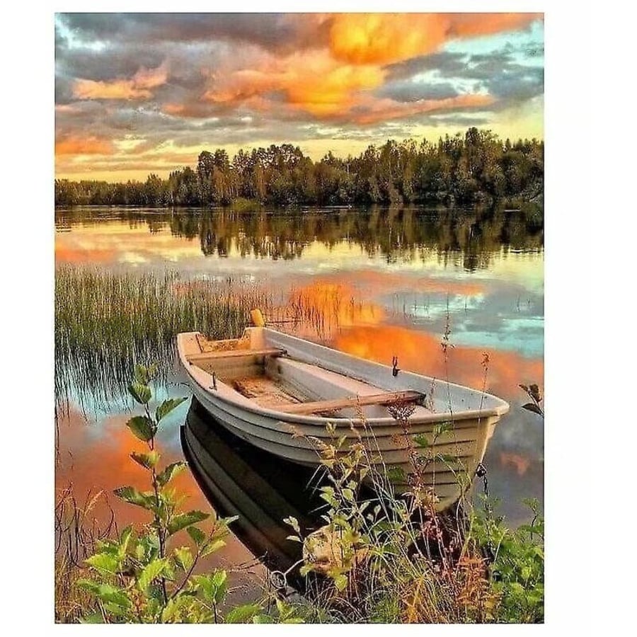 5D DIY Boat on the Lake Diamond Art Painting for Adults & Kids 40 x 30cm, Round 