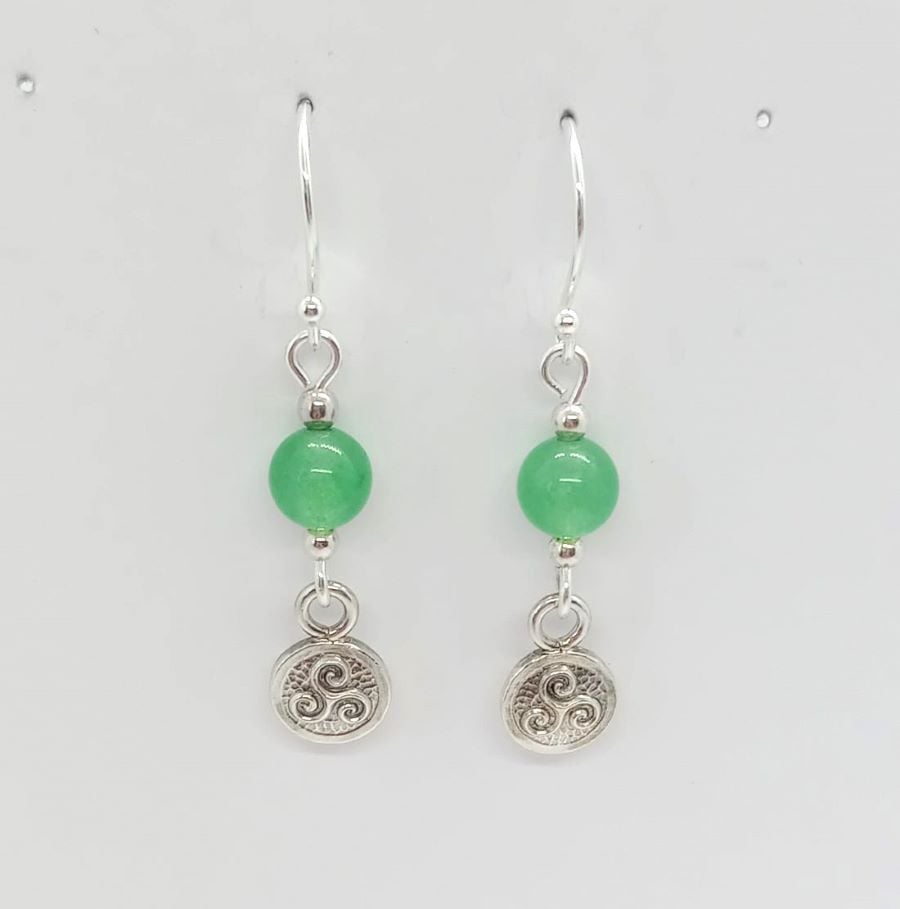 Triskele drop earrings with green Aventurine gemstone beads sterling silver