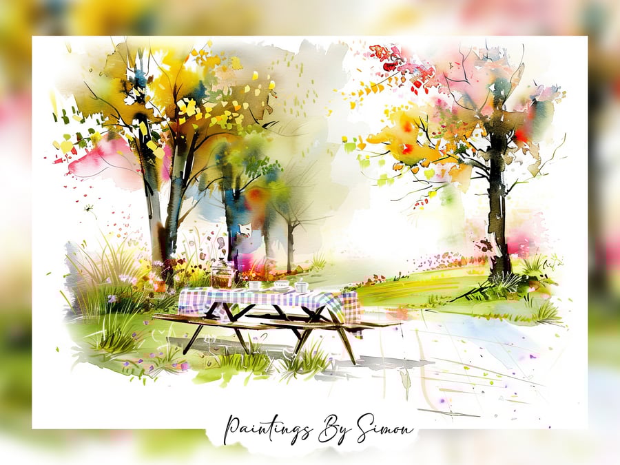 Vibrant Picnic Park, Watercolor Painting Print 5"x7" on Matte Paper