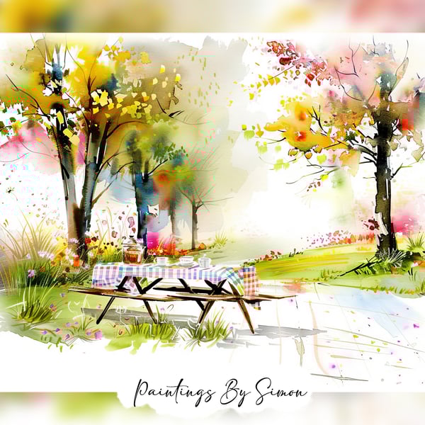 Vibrant Picnic Park, Watercolor Painting Print 5"x7" on Matte Paper