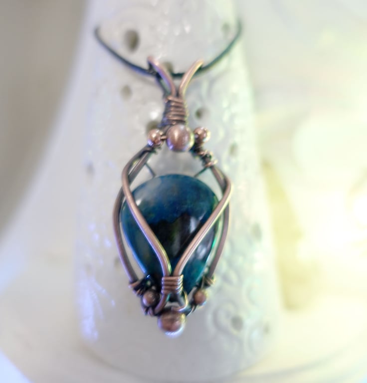 Shattukite Copper Wire Wrap Pendant  High Vibration Stone.