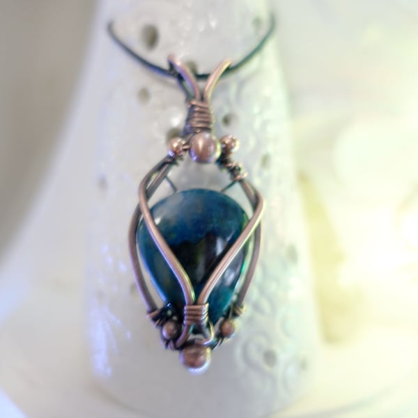 Shattukite Copper Wire Wrap Pendant  High Vibration Stone.