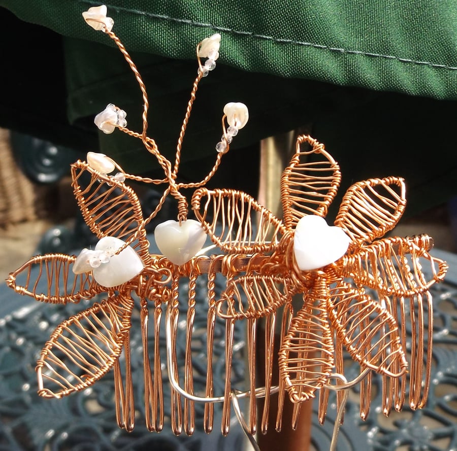 Rose gold plated hair comb with copper wire flowers and pearls with topaz
