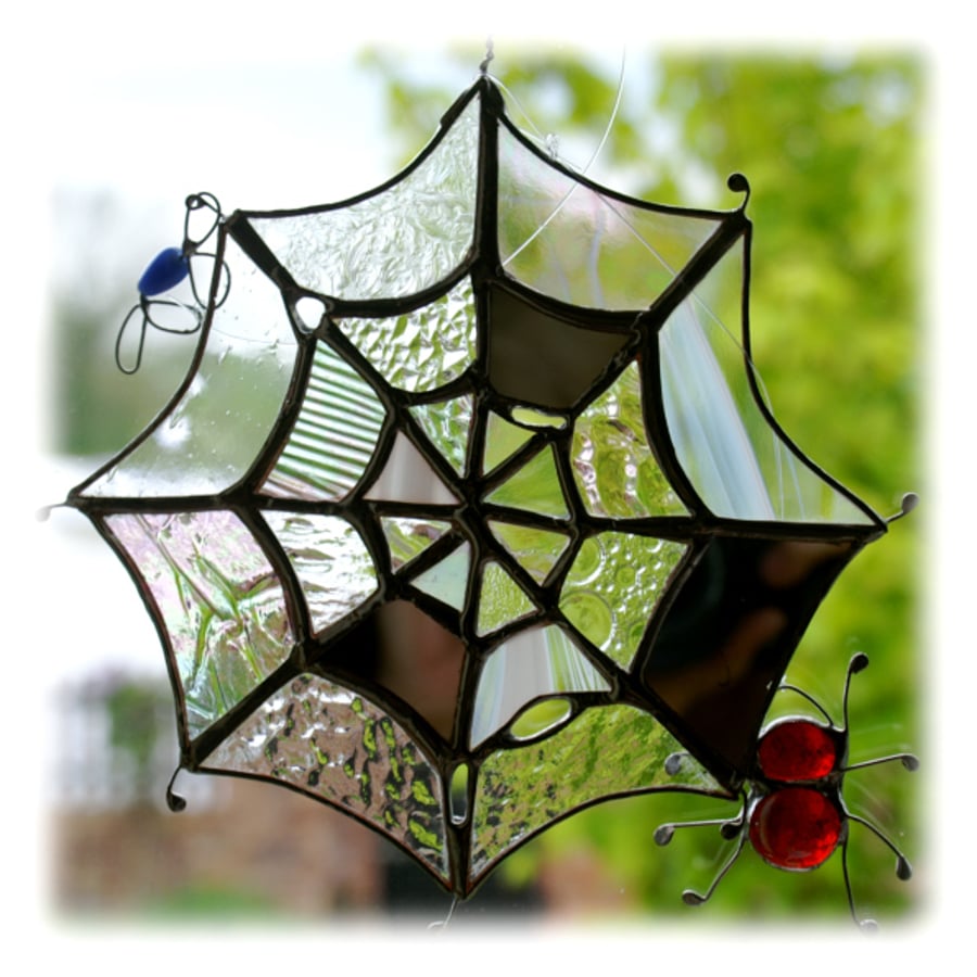 Spider's Web Suncatcher Stained Glass with Red Spider and Bluebottle fly 032
