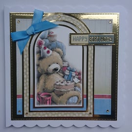 Teddy Bear Happy Birthday Cake Coffee Presents By 3D Luxury Handmade Card