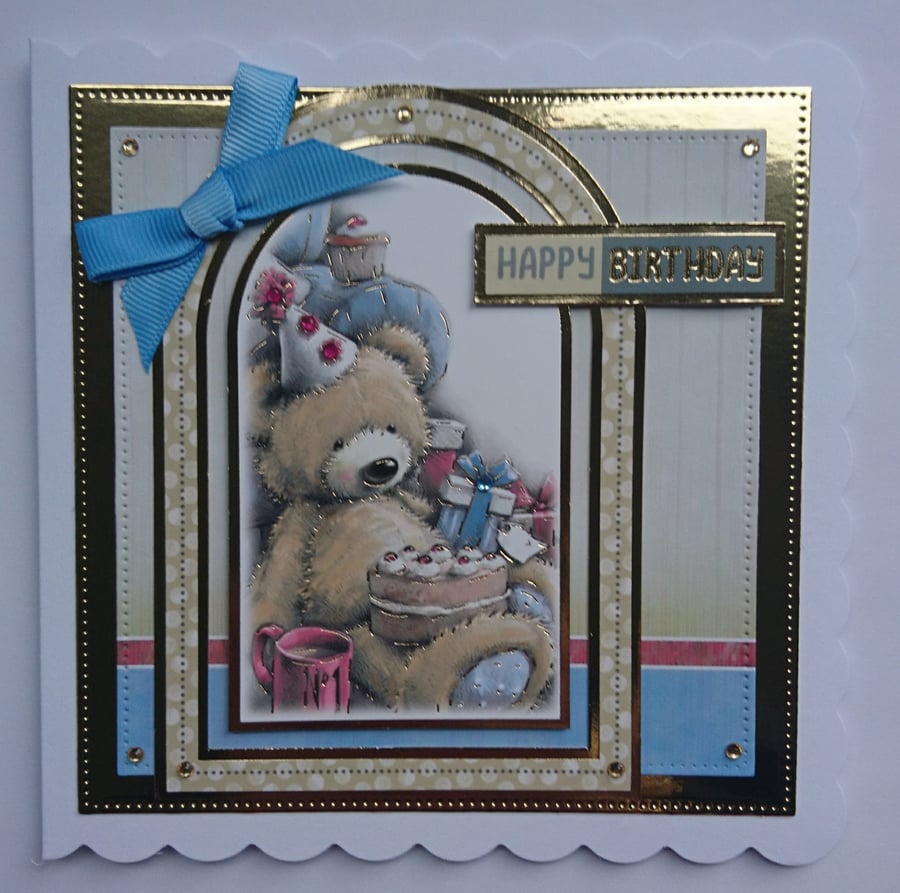 Teddy Bear Happy Birthday Cake Coffee Presents By 3D Luxury Handmade Card