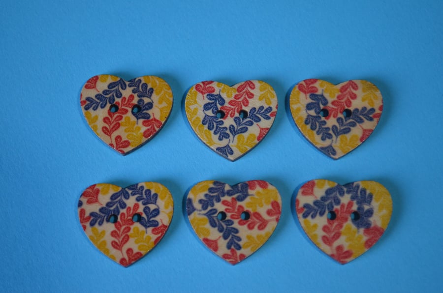 Wooden Heart Buttons Floral Red Yellow Navy Blue 6pk 25x22mm (H23)