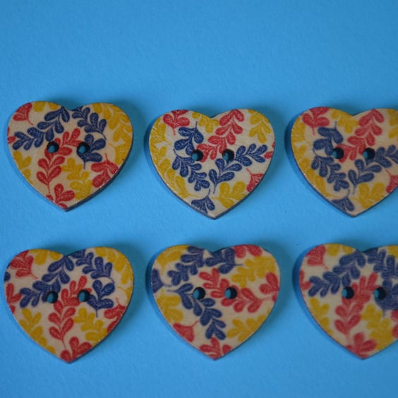 Wooden Heart Buttons Floral Red Yellow Navy Blue 6pk 25x22mm (H23)