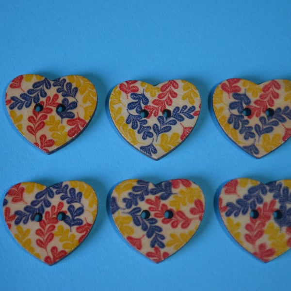 Wooden Heart Buttons Floral Red Yellow Navy Blue 6pk 25x22mm (H23)