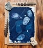 Cyanotype Honesty Seed-Heads 3 - Mounted Design - Card with envelope