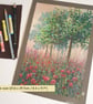 Tree in a patch of poppies, original oil pastel painting, A4 wall art, artwork - Image 3