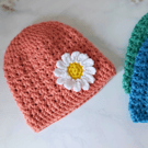 Baby Daisy Beanie Hat, Handmade Crochet In Sizes Newborn to 2 Yrs, New Baby Gift