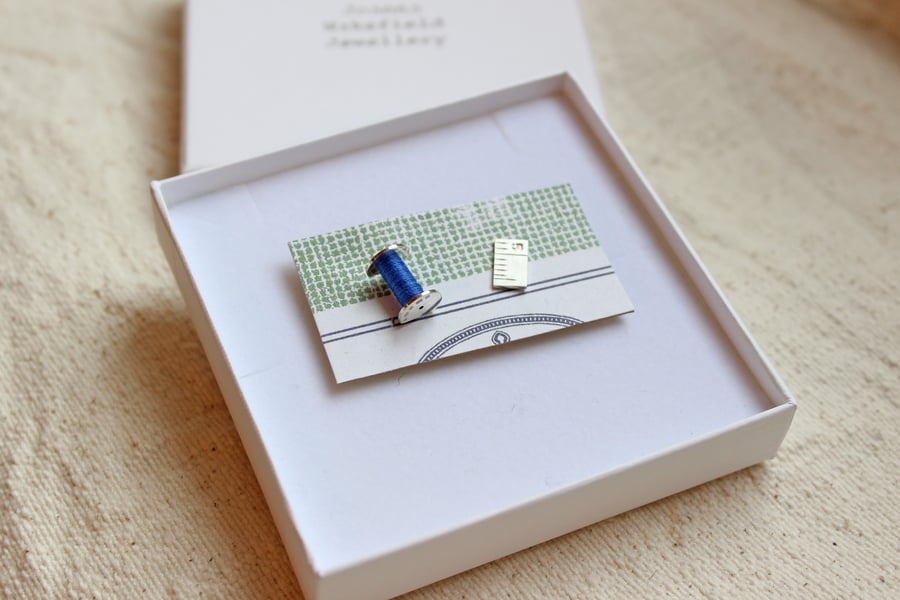 Cotton reel and Measure earrings, sewing earrings, silver earrings