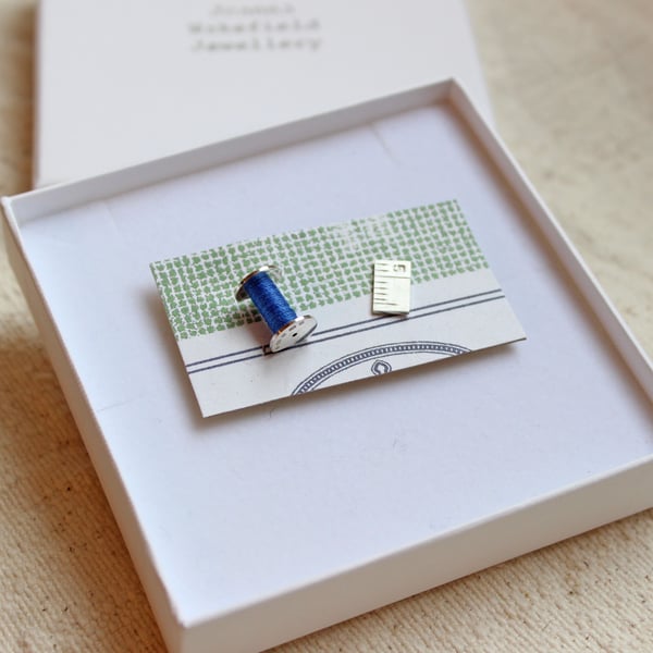 Cotton reel and Measure earrings, sewing earrings, silver earrings