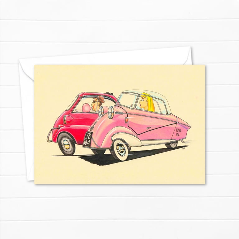 Fifties Bubble Cars Greeting Card: Hand Drawn Illustration (318)