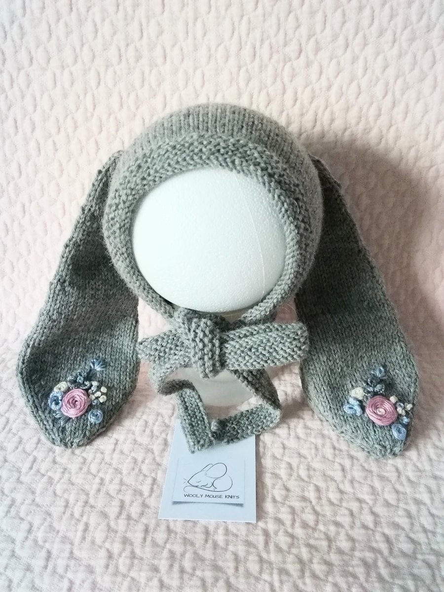 Hand embroidered hand knitted bunny ears  bonnet 