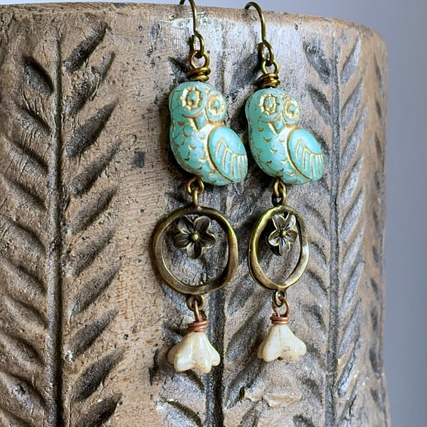 Whimsical Czech Glass Owl Earrings - Nature Inspired Jewellery for Bird Lovers