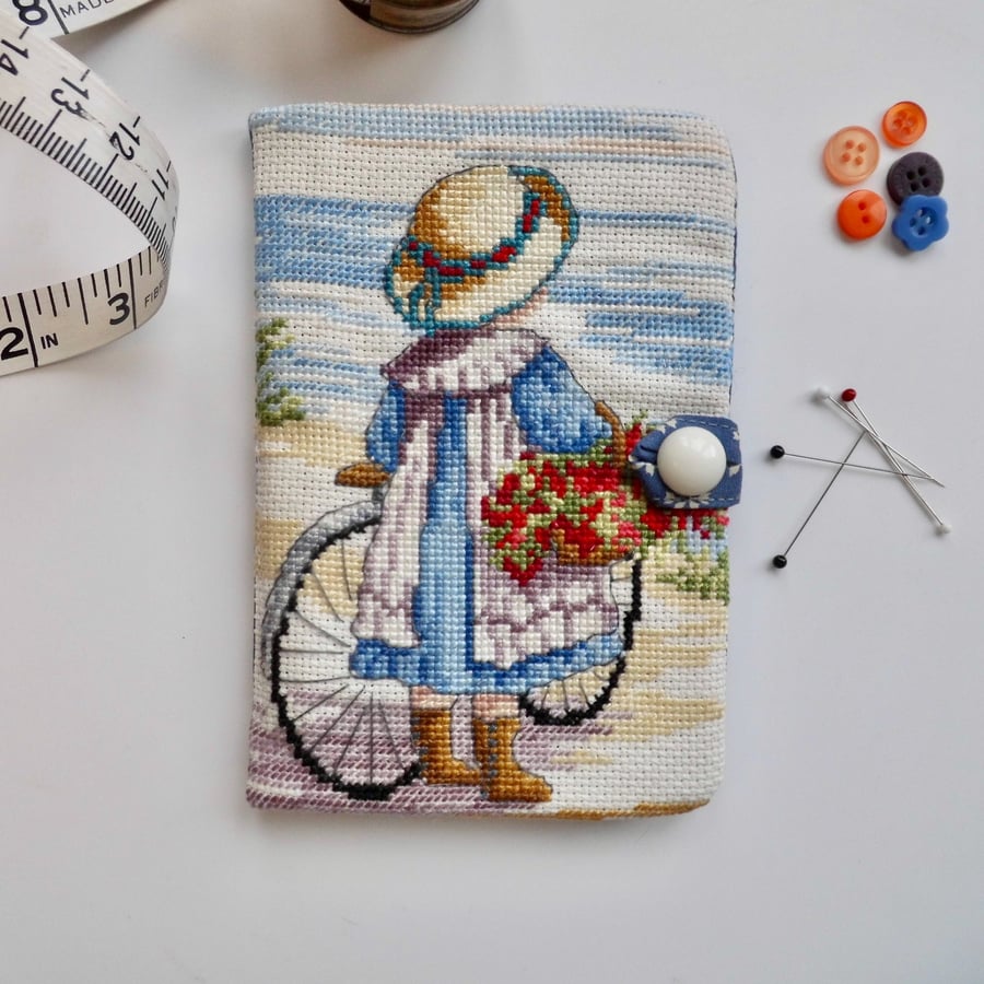 Sewing needle case with reclaimed cross stitch country scene