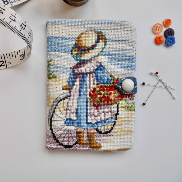 Sewing needle case with reclaimed cross stitch country scene