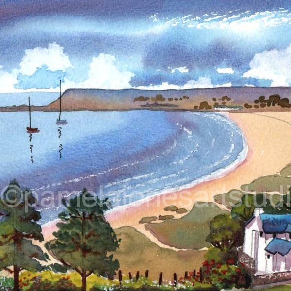 Port Eynon Bay, From Horton Beach, Gower, Watercolour Print in 9 x 7 '' Mount