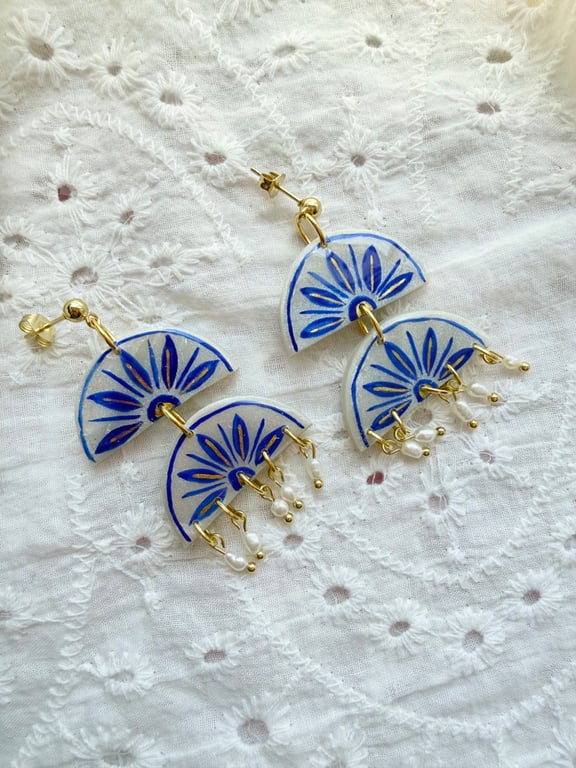 MAYA - Blue and White Rice Pearl Statement Earrings