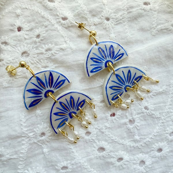 MAYA - Blue and White Rice Pearl Statement Earrings
