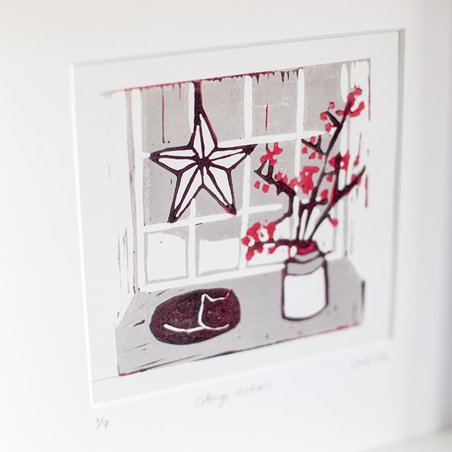 20x20 Cottage Window - Original Lino Print