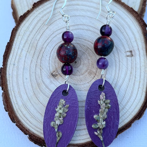 Real Pressed Flower Sliver Plated Dangle Wood and Bead Purple Earrings