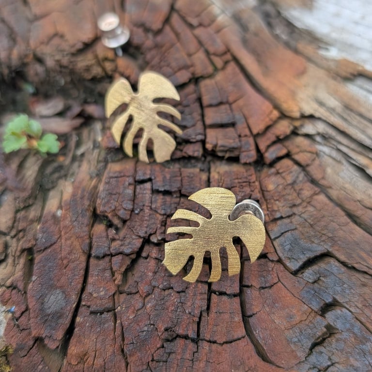 Brass Monstera Leaf Stud Earrings; Handmade Botanical Earrings