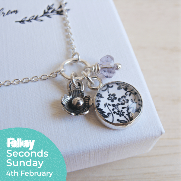 Seconds Sunday - Sterling Silver Floral Charm Necklace with Flower and Amethyst