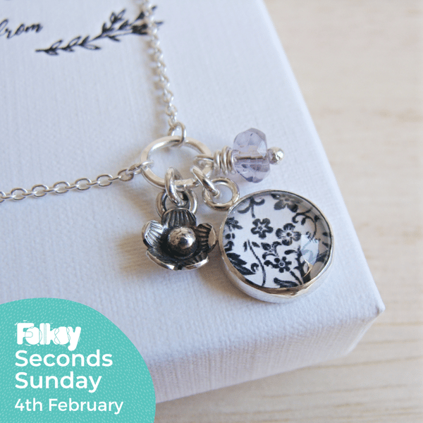 Seconds Sunday - Sterling Silver Floral Charm Necklace with Flower and Amethyst