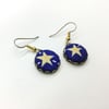 Star fabric button dangle earrings blue and gold antique bronze