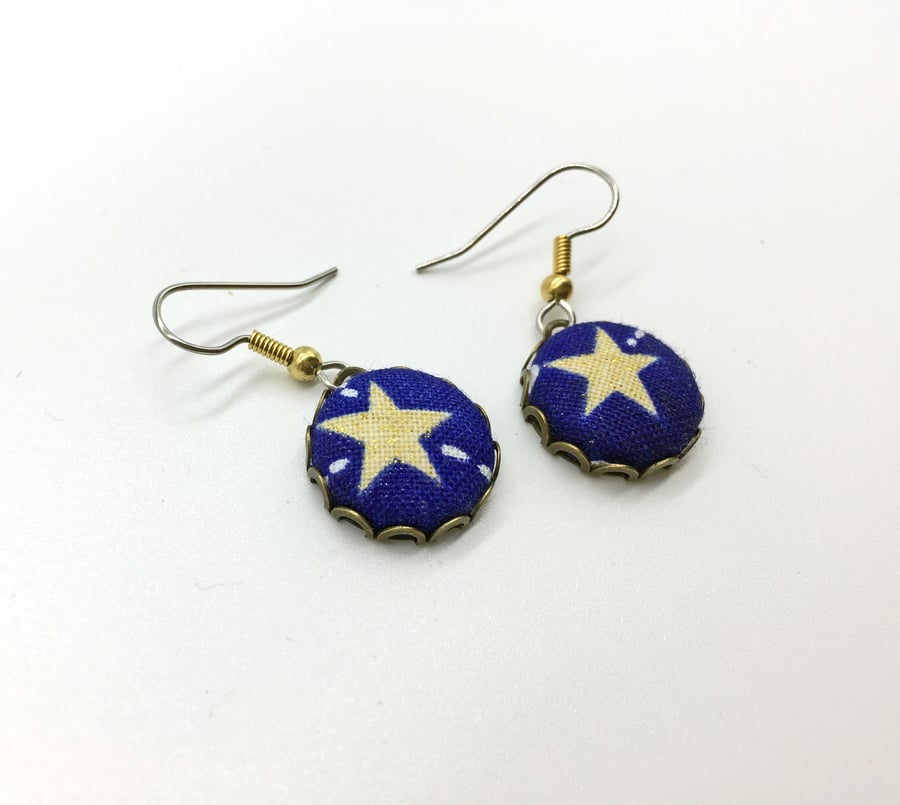 Star fabric button dangle earrings blue and gold antique bronze